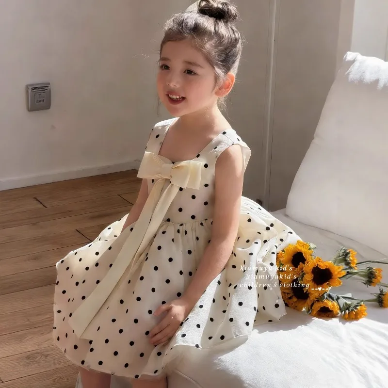 

2026 Baby Girls Summer Clothes Fashion Dot Big Bow Princess Dresses Kids Children Birthday Party Clothing Vestidos 2-8Y Dress