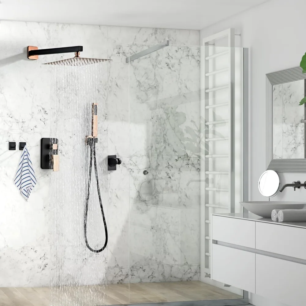 Matte Black and Rose Gold Shower System with 12 Inch Square Rainfall Showerhead, Complete Wall Mounted Set for Modern Bathroom U