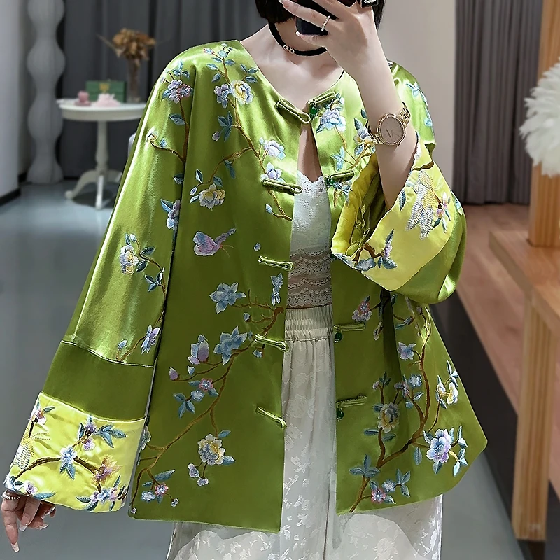 High-end Satin Acetate Women Jacket Top Embroidery Painting of Flowers and Birds Tang Suit Elegant Lady Loose Coat Female S-XXL