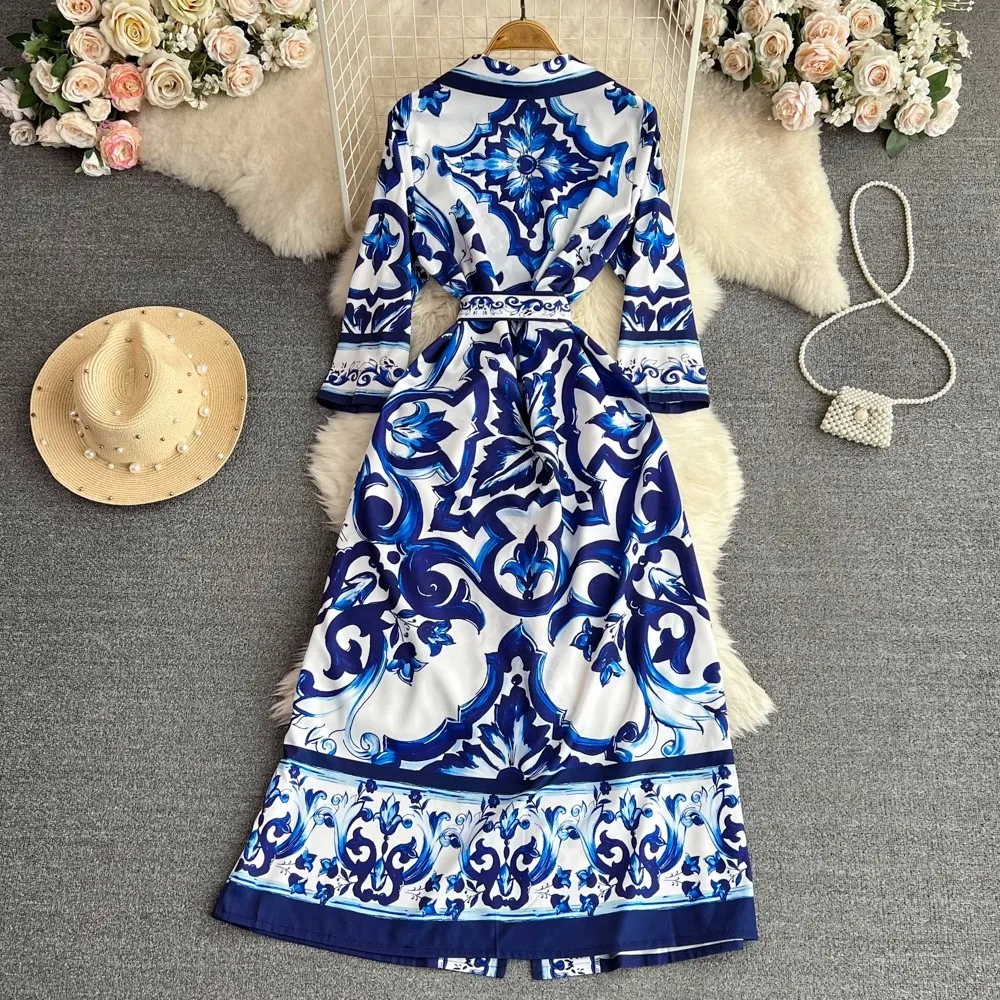 JAMERARY Autumn Fashion Red Blue And White Porcelain Print Long Dress Women Notched Single Breasted Laces Pocket Loose Vestidos