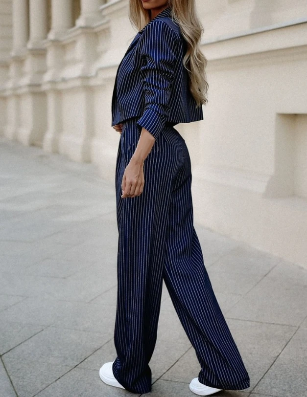 Women's Commuter Interview Professional Wear Vertical Stripe Short Button Flip Collar Suit Coat and Striped Suit Straight Pants