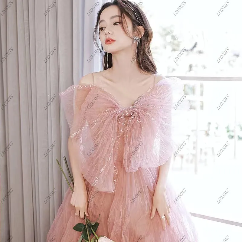 Fairy Pink Prom Dress Engagement Gowns Big Bow A Line Tulle France Vintage Sweet Korean Princess Fairy Dress Evening Party Dress