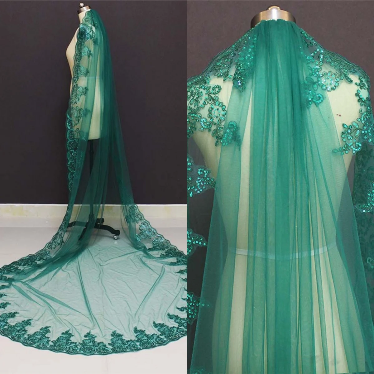 

Modern Green Sequins Wedding Veil One Layer Long Cathedral Veils Appliques Edge With Comb Customized Bridal Accessories