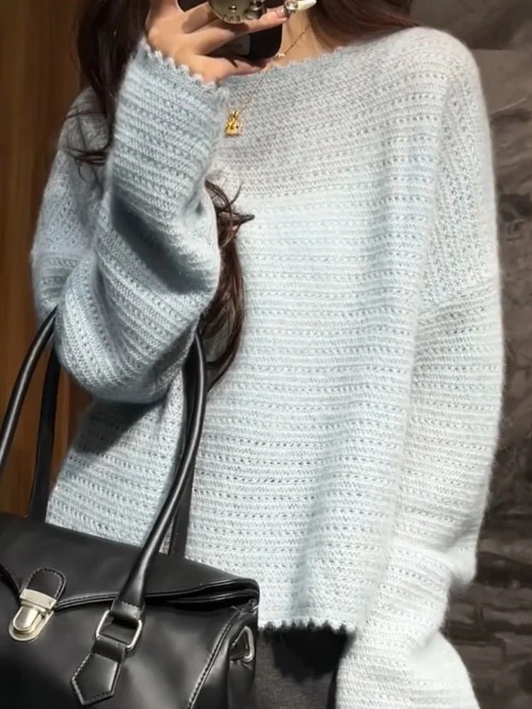 

Ele round Ne Knitwear Casual Versatile Women's Sweater Comfortable Fit Long Sve Wool Blend Top for Autumn Season