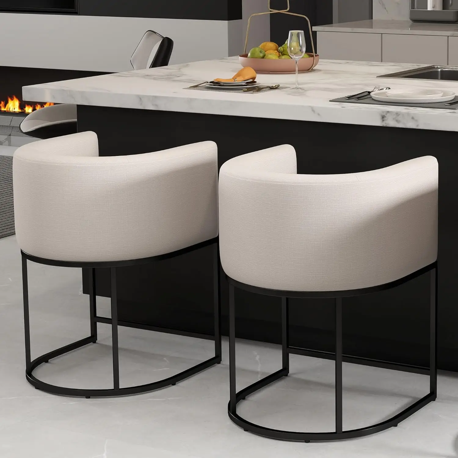 

Modern Counter Height Linen Upholstered Bar Stools Set of 2, 24" Kitchen Counter Island Stools Bar Chairs with Black Met