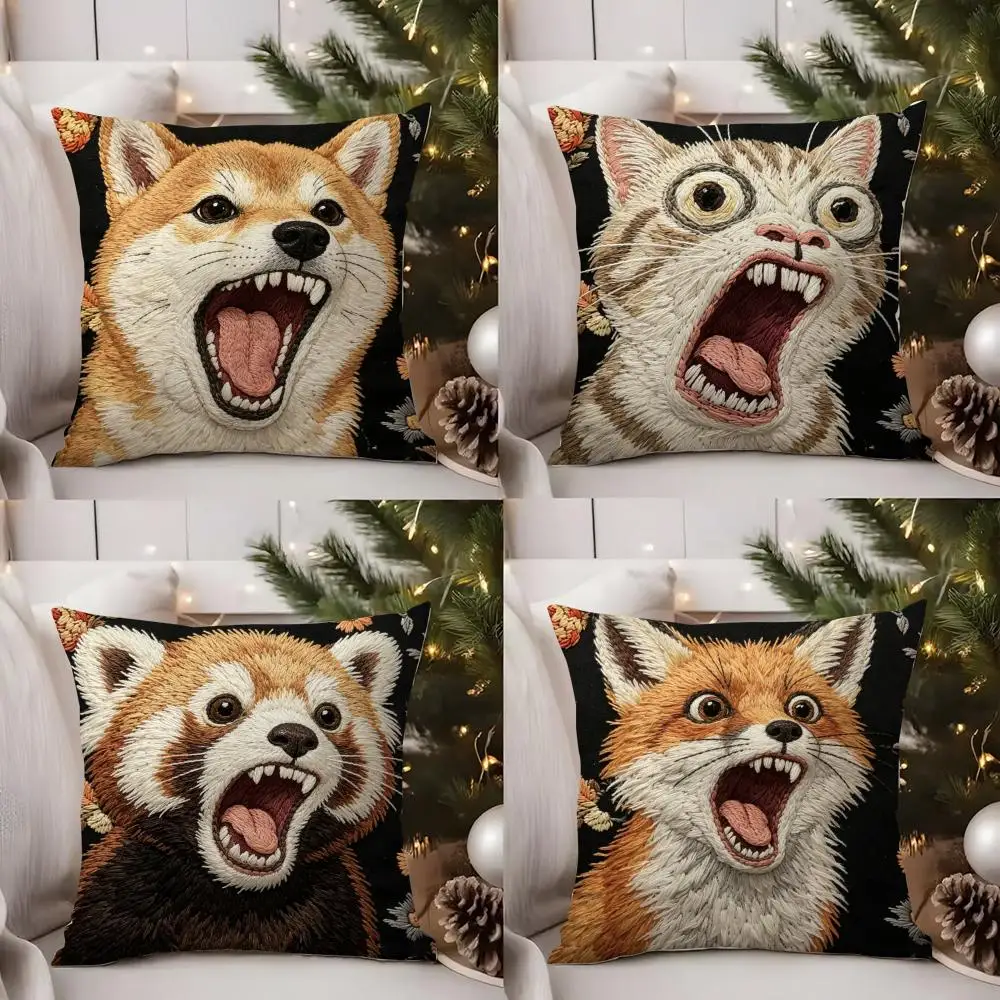 

2D Scream Funny Animals Cushion Cover Short Plush Double-sided Print Square Throw Pillow Covers Sofa Home Cushion Decor