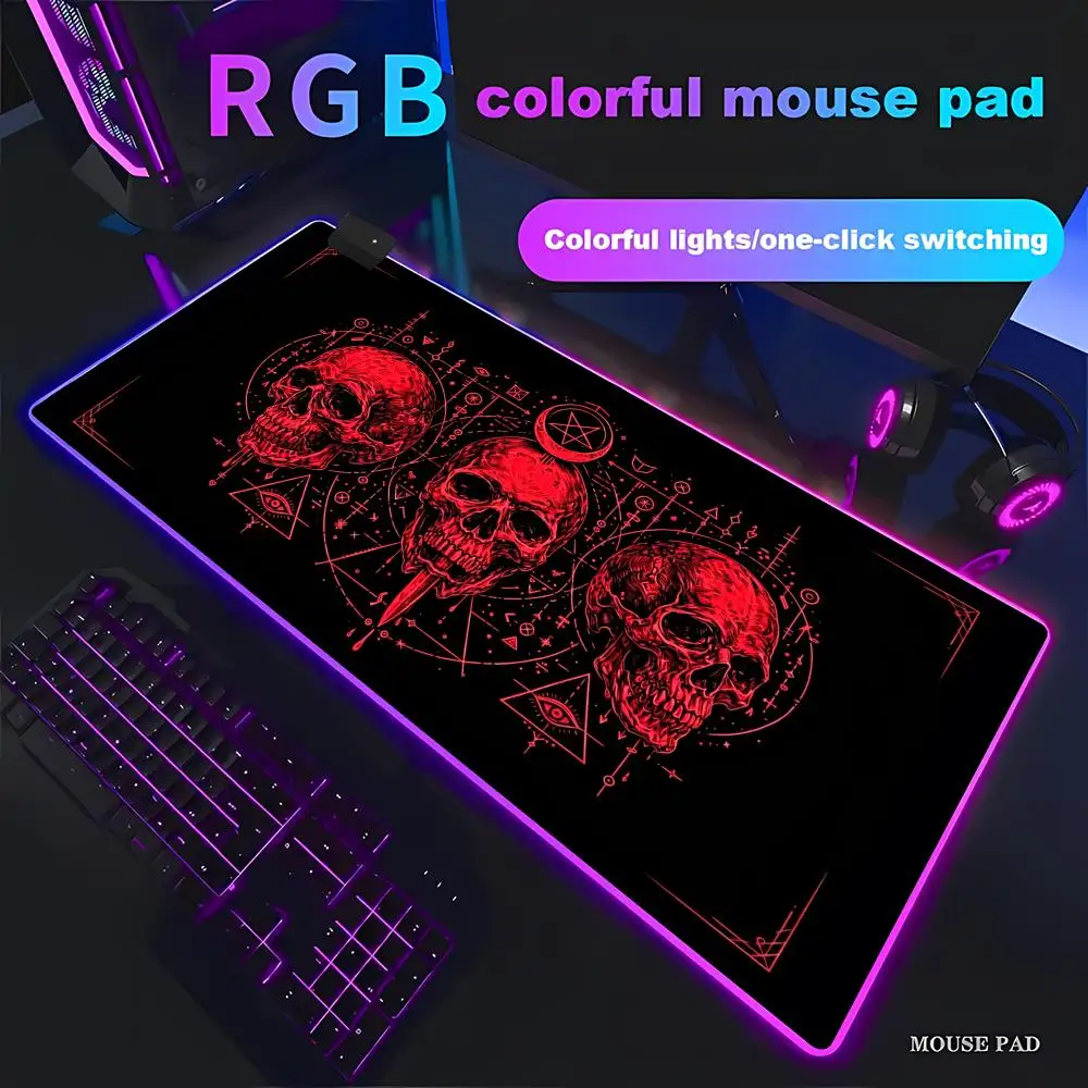 HYBXAXC Occult Symbol Red Skull Desk Mat Gaming Mouse Pad Non-Slip for RGB Gaming Pad HD Gamer Large LED Light XXL PC Computer