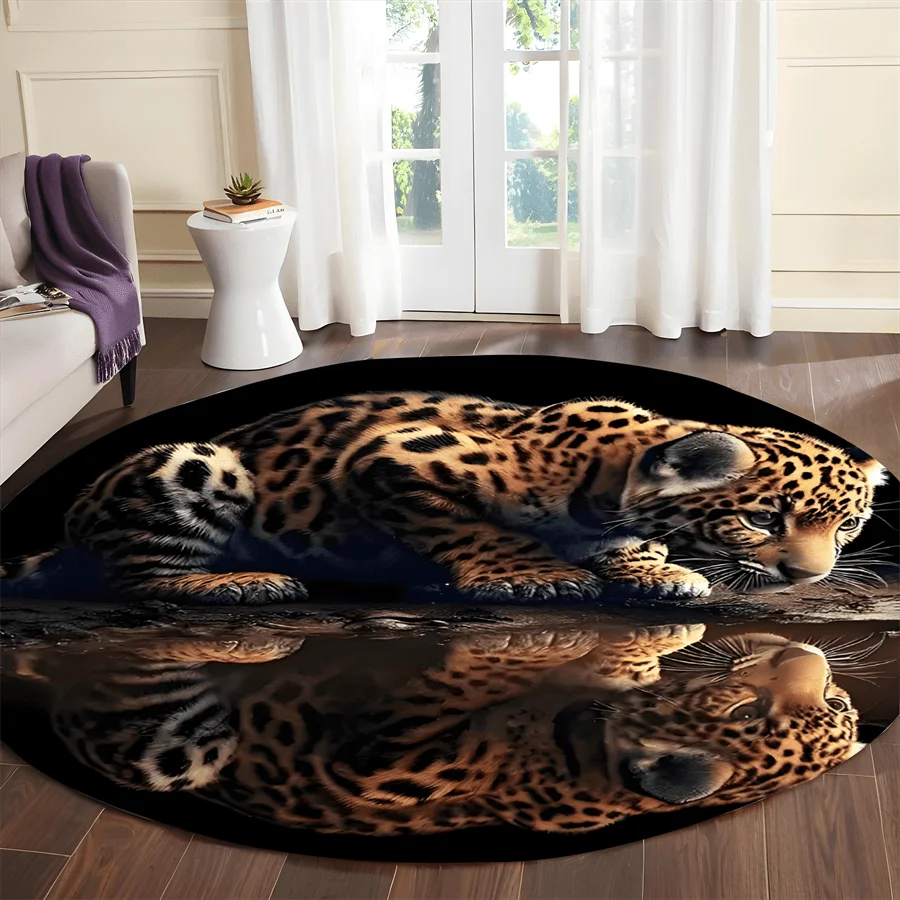 Round Home Floor Rug, Imitation Wild Beast Hide Texture Animal‑Pattern Circular Mat Rustic Household Interior Ornament Non‑Slip
