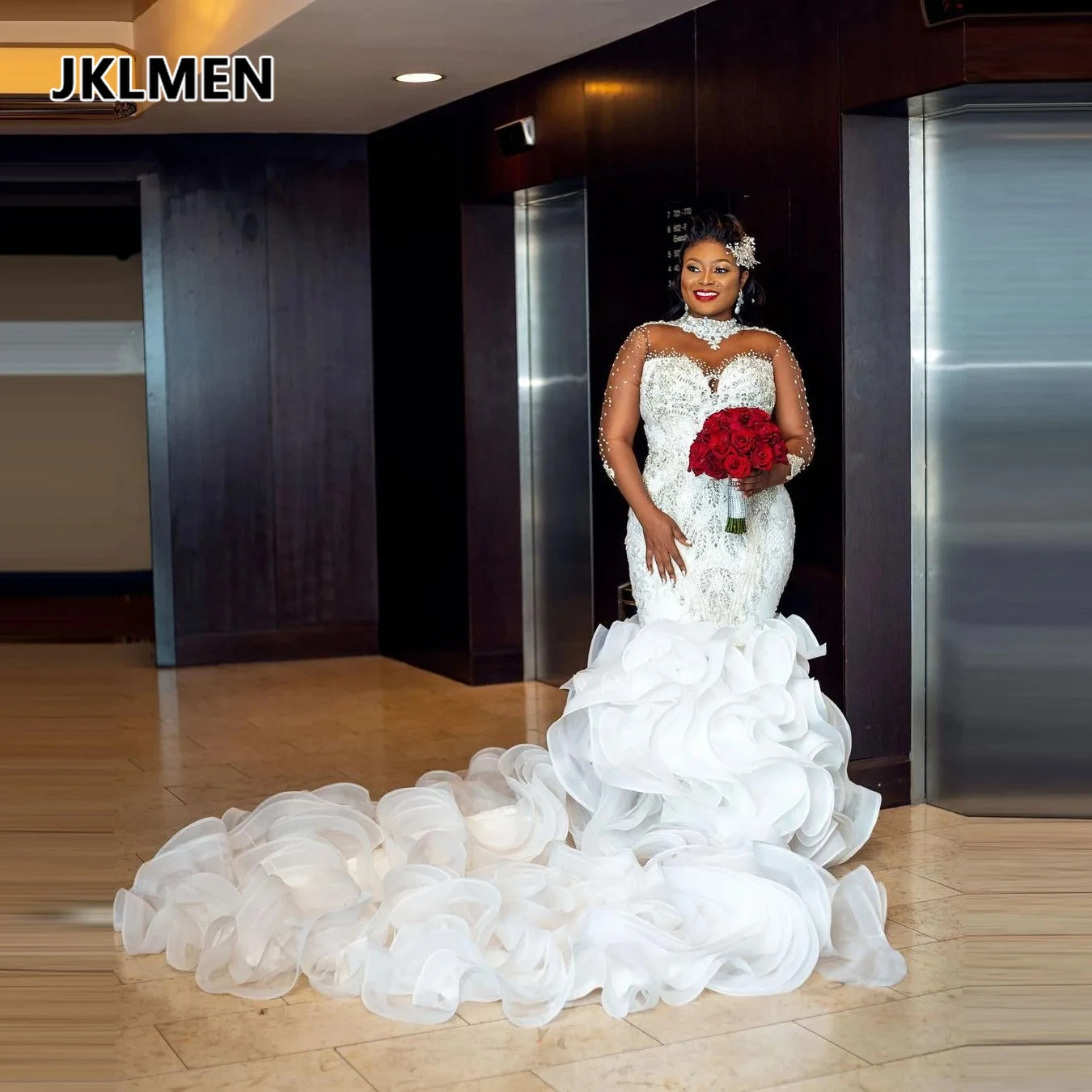 

Свадебные платья больших размеров Aso Ebi с длинным шлейфом, оборками, длинными рукавами, высоким воротником, кристаллами, бисером и шнуровкой на спине