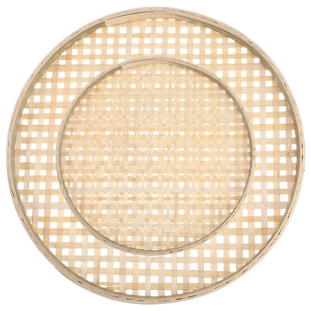 

2Pcs Bamboo Weaving Low Basket Multipurpose Kitchen Mesh Strainer Flour Sifting Bread Storage Tray Rustic Hand-Woven Snack Plate