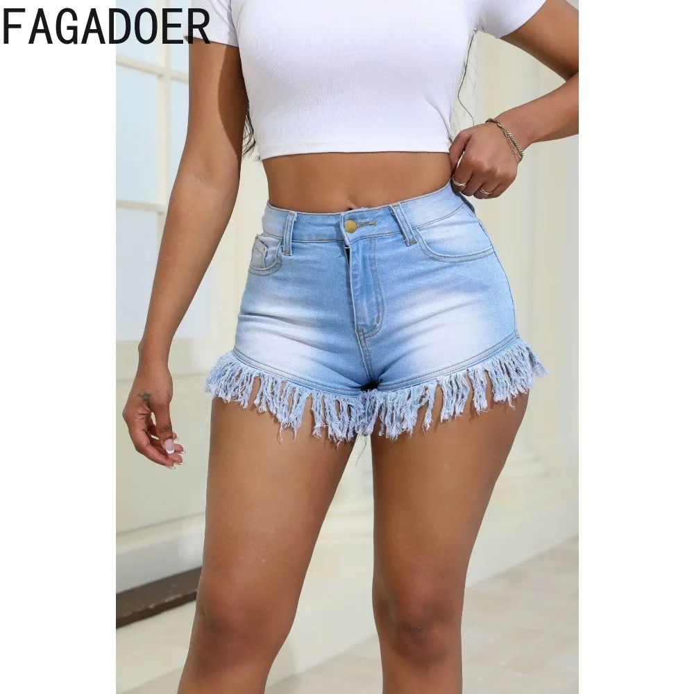 FAGADOER-shorts jeans azuis para mulheres, cintura alta, botão, calças finas, roupas de vaqueiro de bolso, casual feminino, verão, novo, 2024