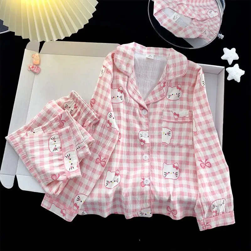 

Женские пижамные комплекты для сна «Hello Kitty», кавайные весенне-осенние штаны с длинными рукавами с героями мультфильмов, одежда для сна для молодых девушек, домашняя одежда