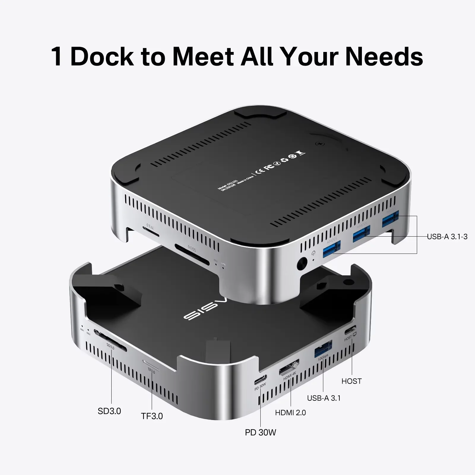 Acasis Mac Mini M4/M4 Pro USB-C Dock 10Gbps Dual-bay SSD Slot 8TB HDMI 4K/60HZ TF/SD 3.0 PD30W for Mac Mini Storage Expansion