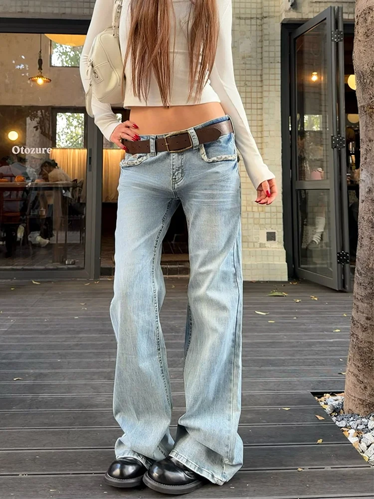 

Low Waist Slim Fit High Rise Straight Leg Denim Jeans Women's Blue Washed Retro Bell Bottoms Casual Comfortable Trousers