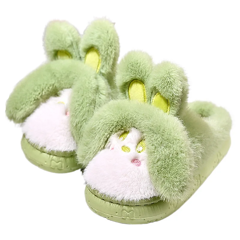 Zapatillas de dibujos animados de conejo para niñas, zapatos de suela gruesa de plataforma peluda esponjosa, toboganes de Casa de espuma viscoelástica Kawaii de invierno