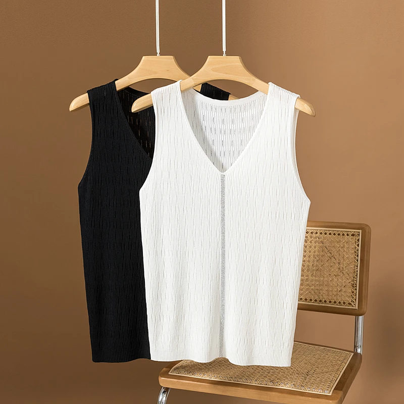 

Summer new style knitted V-neck hot diamond vest suspender large size women's sleeveless t-shirt top