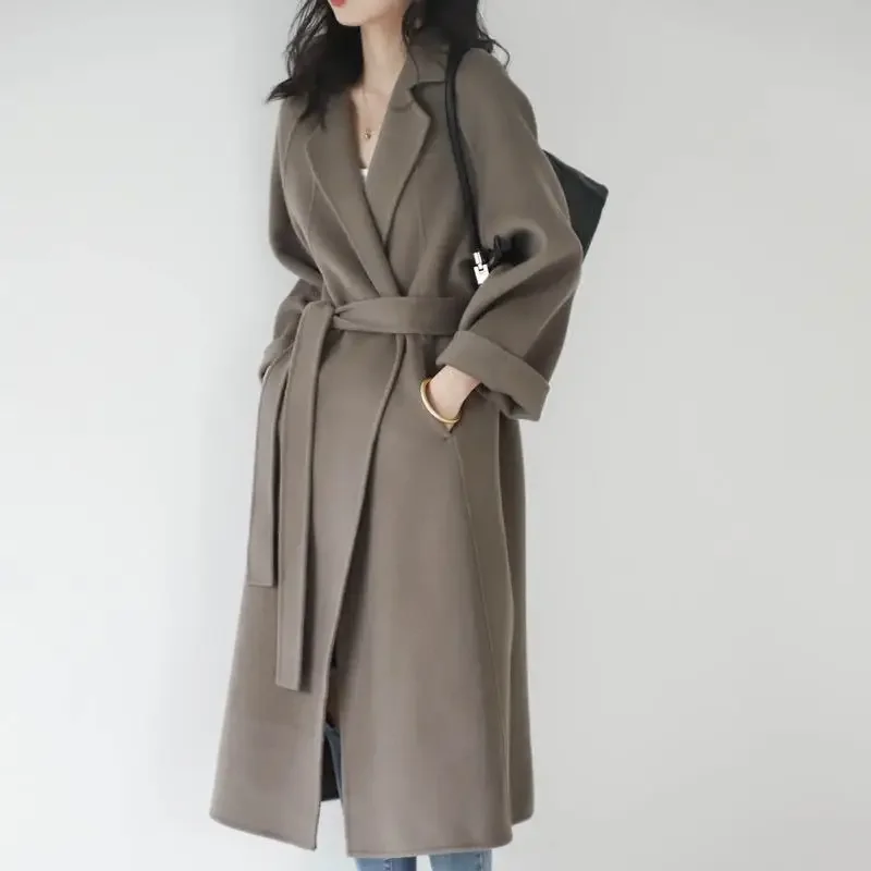 Double Sided Woolen Overcoat Women Long 2024 Winter Fashion High End Long Loose Lacing Belt Black 100% Wool Coat