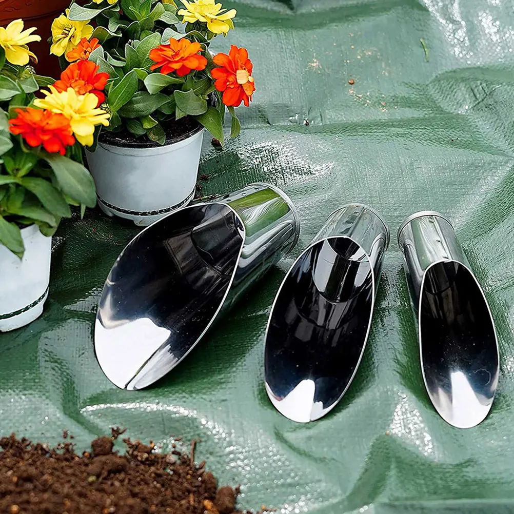 

2Pcs Stainless Steel Shovels Soil Cups Large Potting Planting Silver Transplanting Scoop Digging Tools Garden Bucket Succulents