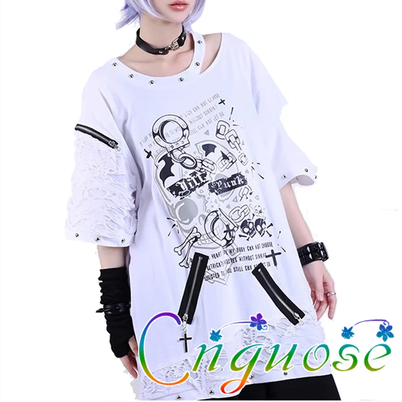 2024 Summer Japanese Neutral Punk Hollow White Short Sleeved long Women's T-shirt Zipper Rivet Cartoon Pattern Men's T-shirt