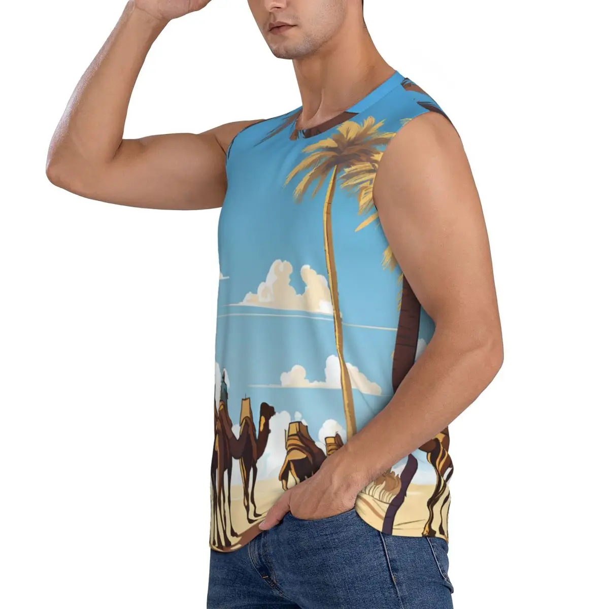Caravan Under The Blue Sky Men Sleeveless Tank Tops Quick Dry Breathable Gym Fitness Running Summer Casual Sport Vest