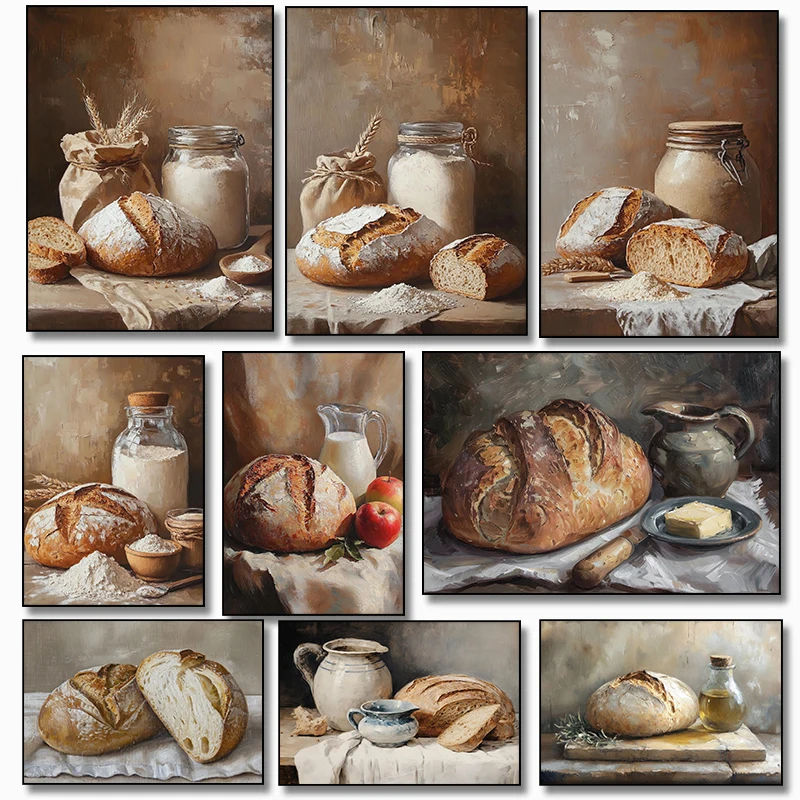 Vintage Food Bread Flour Oil Painting Still Life Posters and Prints Canvas Printing Wall Art Picture for Kitchen Home Decor Gift
