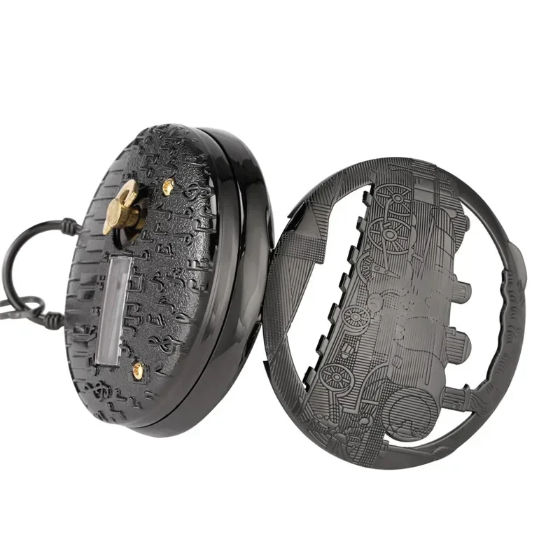 Unique Hollow Locomotive Train Case Playing Music City Sky Song Men Women Quartz Analog Pocket Watch FOB Pendant Chain Clock