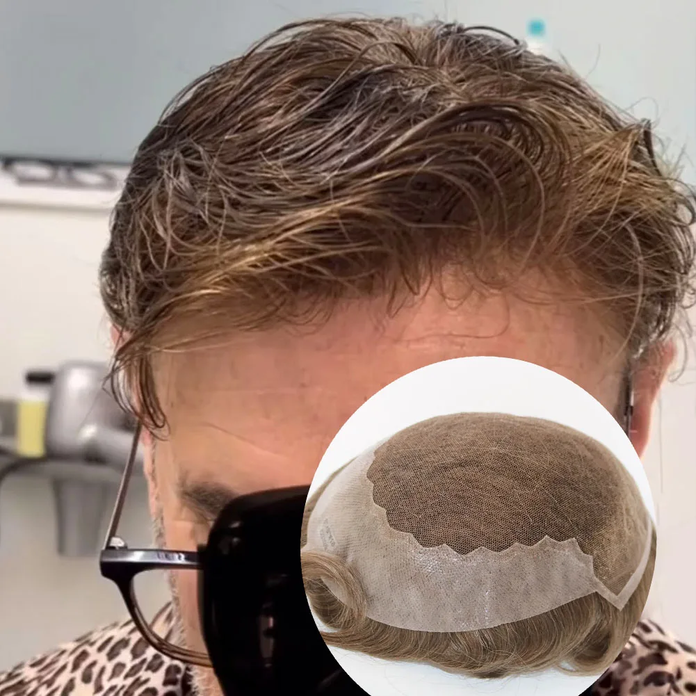 شعري طبيعي أشقر رمادي بني # 20 # 18 Q6 Swiss Lace & PU للرجال شعر مستعار 100% شعر بشري رمادي 1B40 شعر قابل للتنفس لصلع #1