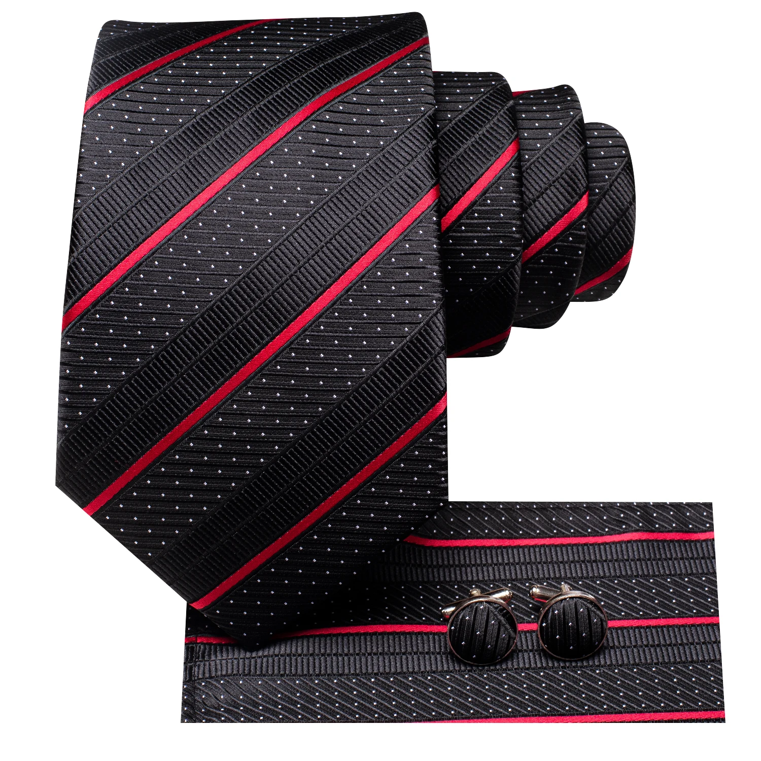 Hi-Tie Designer Black Red Striped Silk Wedding Tie For Men Handky Cufflink Gift Men Elegant Necktie Set Fashion Business Party