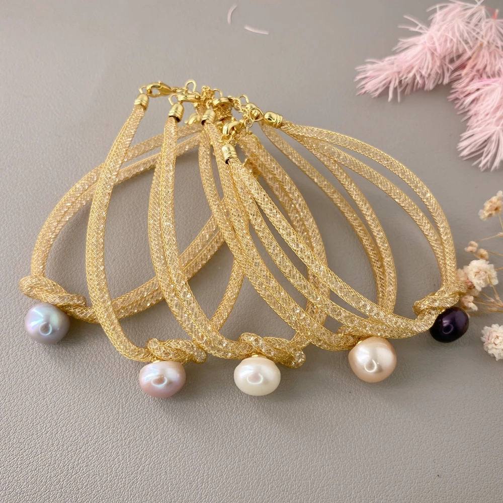 YYGEM 5 Pcs 10mm Natural Freshwater Pearl Copper Gold Plated Chain Bracelet 6