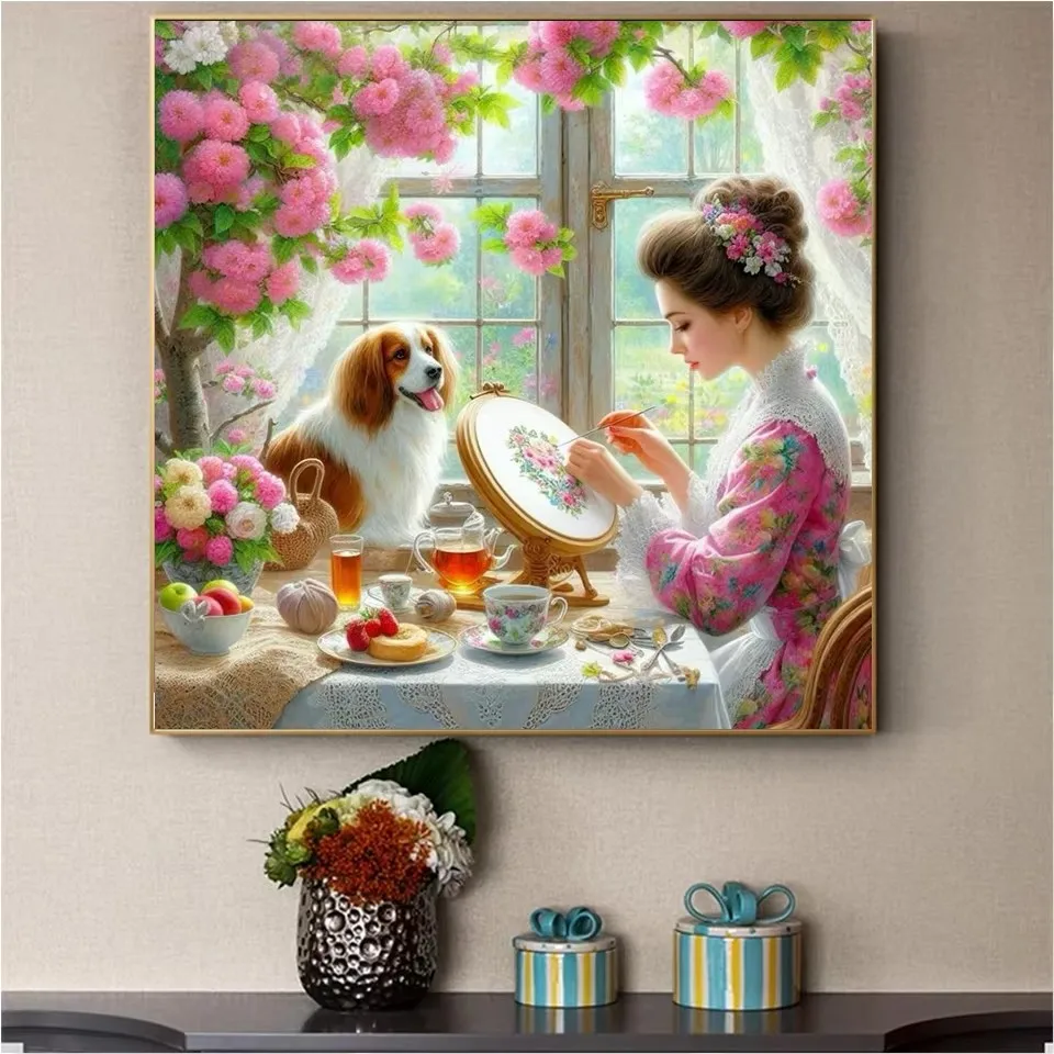 5D DIY Diamond Painting Elegant Garden Flower Ladies Pictures Mosaic Art Full Round Cross Stitch Kit Rhinestone Home Decoration