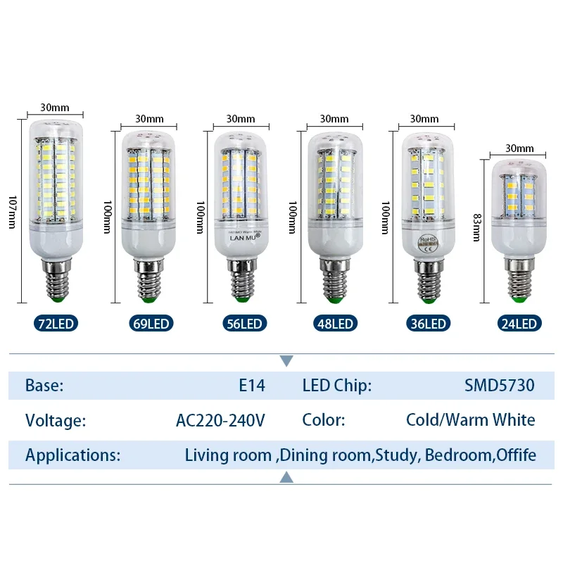 Imagem -03 - Lâmpada Led E27 E14 ac 220v 230v 5730smd Luzes Led Milho Lâmpada Led 24 36 48 56 69 72leds Candelabro Vela Iluminação para Casa Decoração