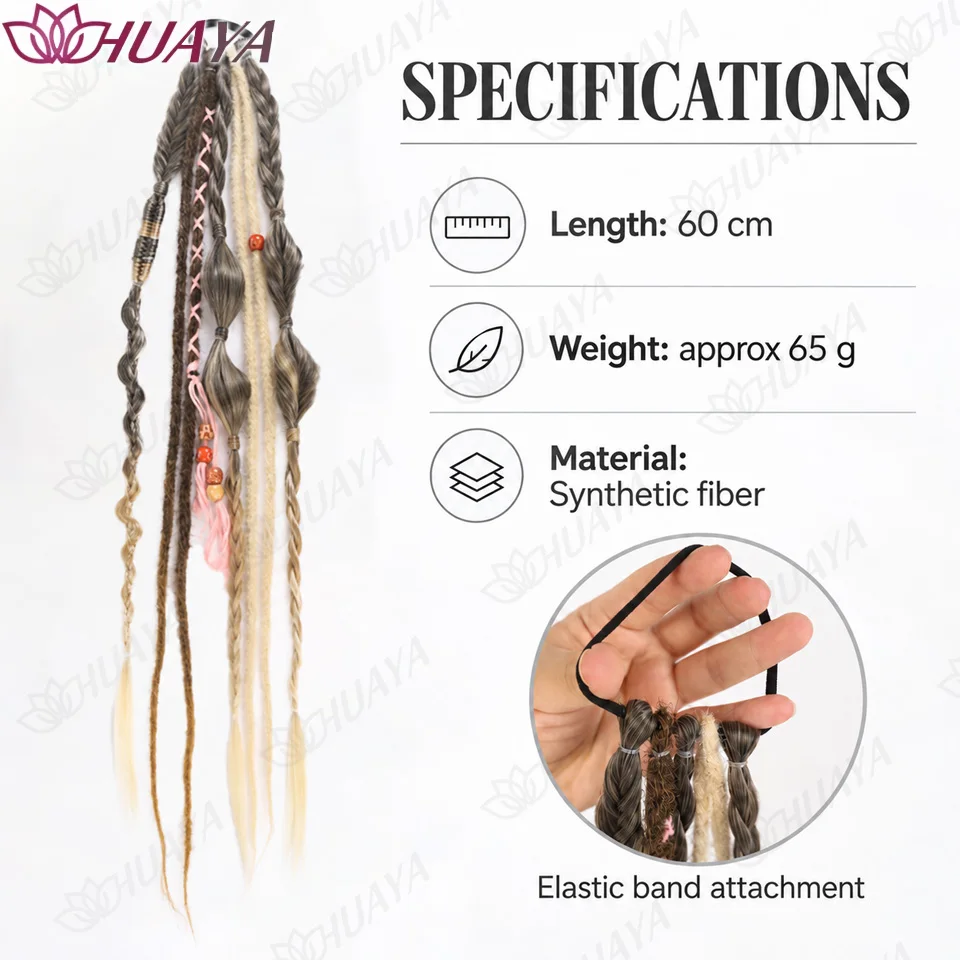 Synthetic Braided Ponytail Extension with Dreadlocks and Beads Elastic Hair Tie Hairpiece for Women Festival Hair Accessories
