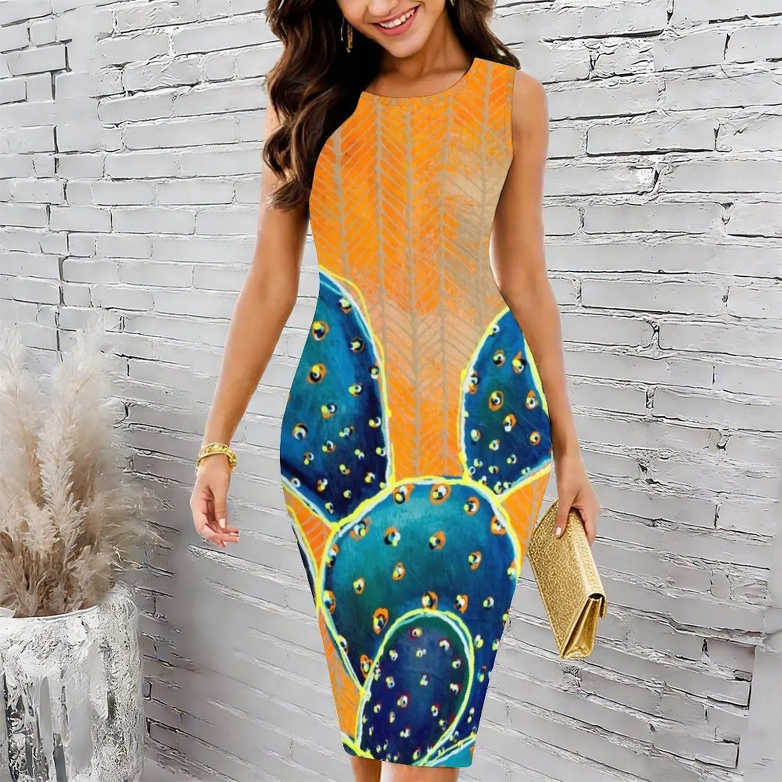 Desert Orange Blue Cactus Painting Women's Round Neck Tight Hip Wrap Skirt