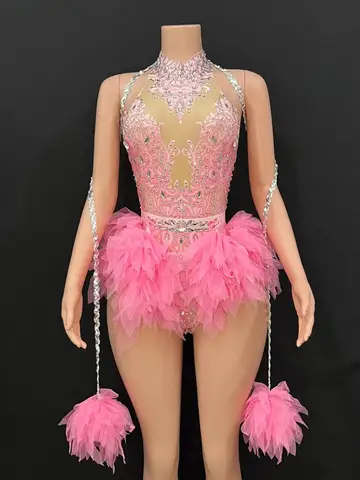 Bar ds Korean women's club nightclub pink diamond conjoinedgogo sexy hot dance interactive Kpop costume set X007