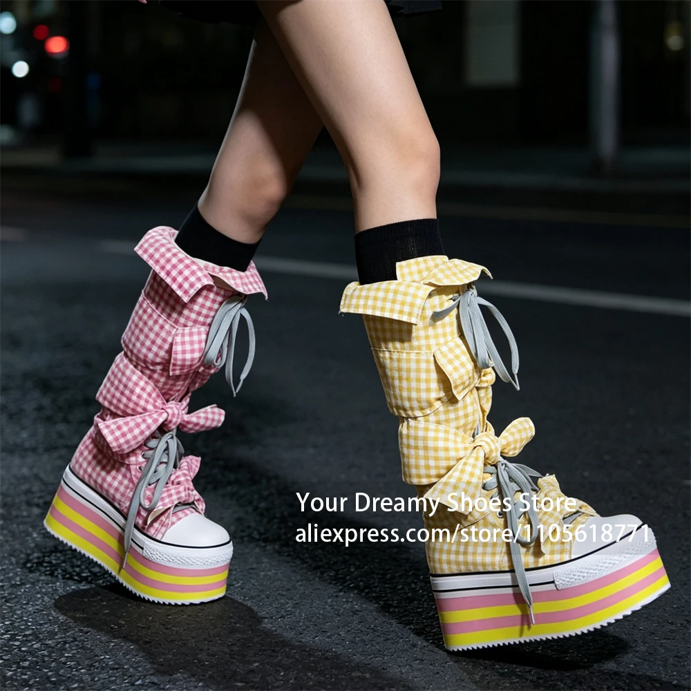 Multi Bow Accents Platform High Top Canvas Shoes Contrast Grey Lace Up Design Kawaii Platform Sneakers Anime Convention Outfit