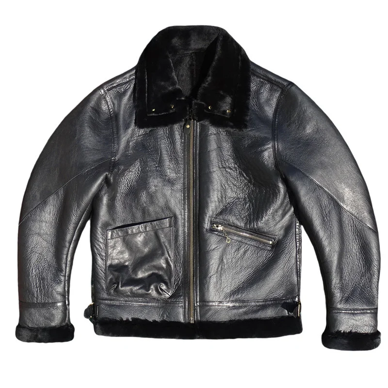 Veste en peau de mouton noire pour homme, style rétro, grande taille 5XL, véritable peau de mouton n