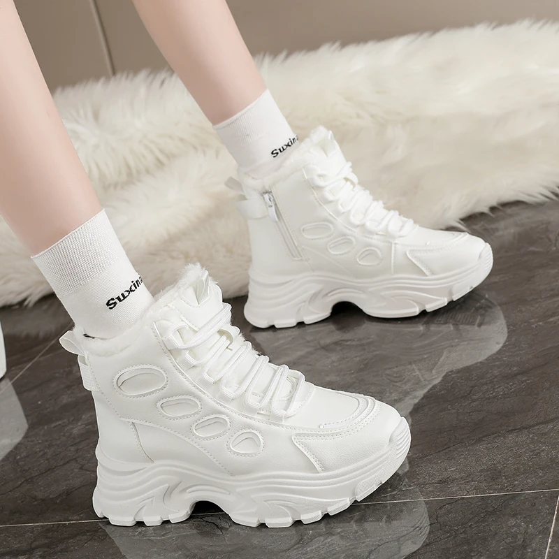 

White Platform Women's Sneakers 2025 Autumn Lace-Up Thick Bottom Sports Shoes Woman Pu Leather Breathable Walking Shoes Female