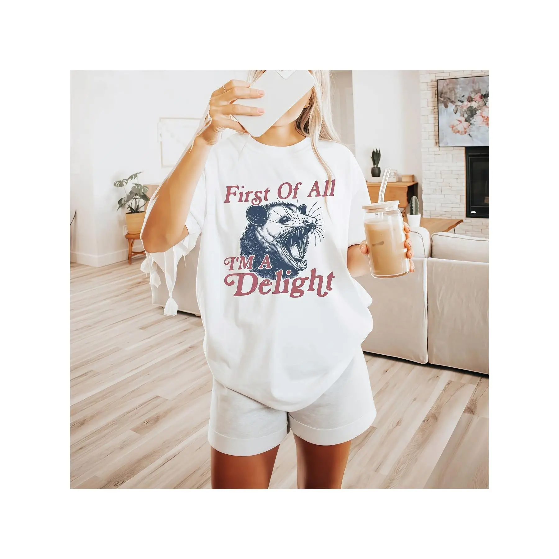 

Unisex Funny "First of All I'm a Delight" T-Shirt, Vintage Opossum Graphic Tee, Sarcastic Humor Top for Men and Women