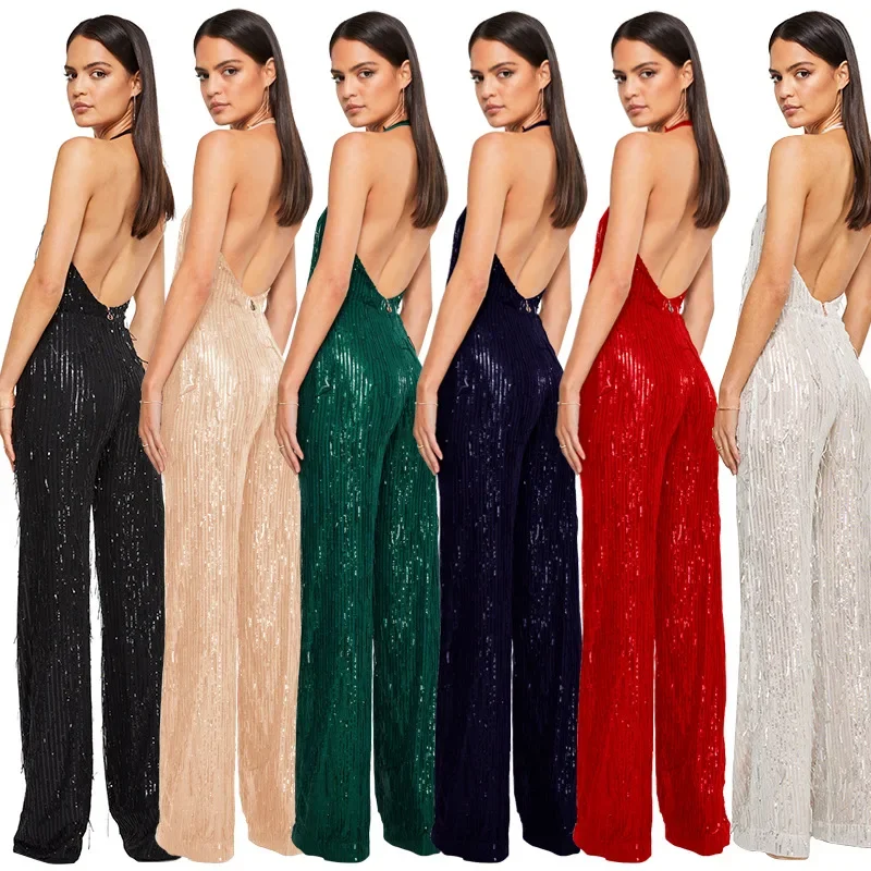 Sleeveless Backless Sequined Jumpsuit Suspender High Waist Deep V Neck Fringed Jumpsuit Spring And Summer Women\'s New Models