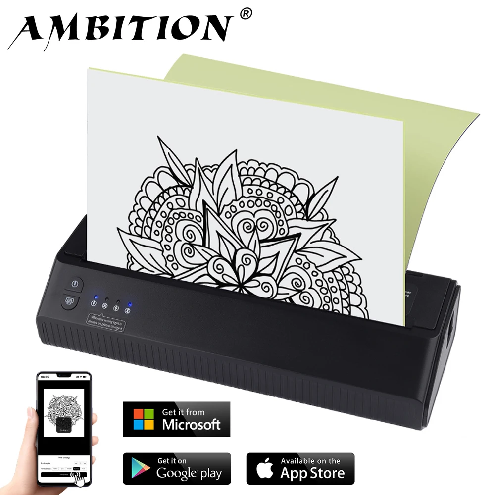 Ambition Wireless Tattoo Transfer Machine 2500mAh Battery Thermal Stencil Printer USB Bluetooth Professional With Android Ios