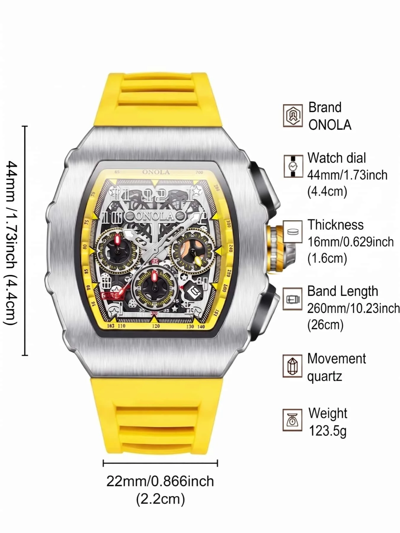 ONOLA Sports Timing Quartz Men's Bucket Shaped Watch, Timing Dial, Rubber Strap, Fashionable Daily Sports Waterproof, Gift for H