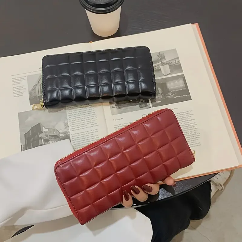Quilted Detail Long Wallet, Women's Fashion Zip Around Wallet With Multiple Card Slots & Zipper Pocket