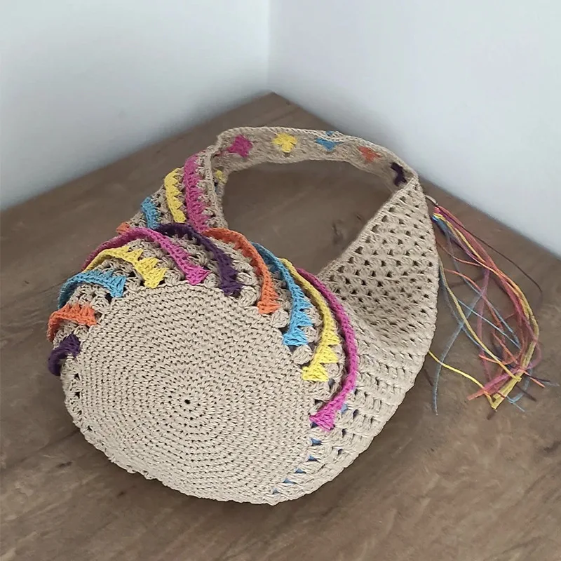 2024 Summer Bohemian Color Striped Straw Bag Hollow Woven Bags for Women Rattan Shoulder Bag Large Hobo Beach Shopper Purses