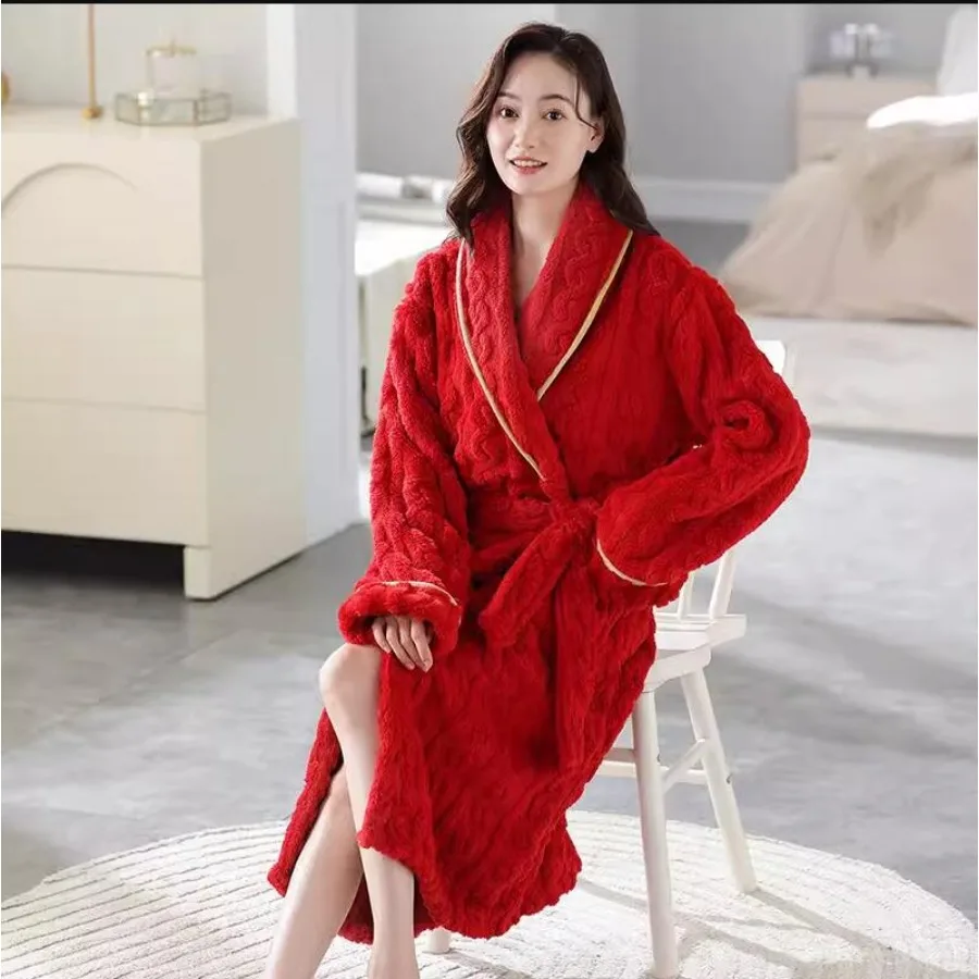 Women Men Kimono Bathrobe Gown Nightdress Autumn Winter Couple Warm Thick Coral Fleece Nightgown Sleepwear Soft Flannel Robe