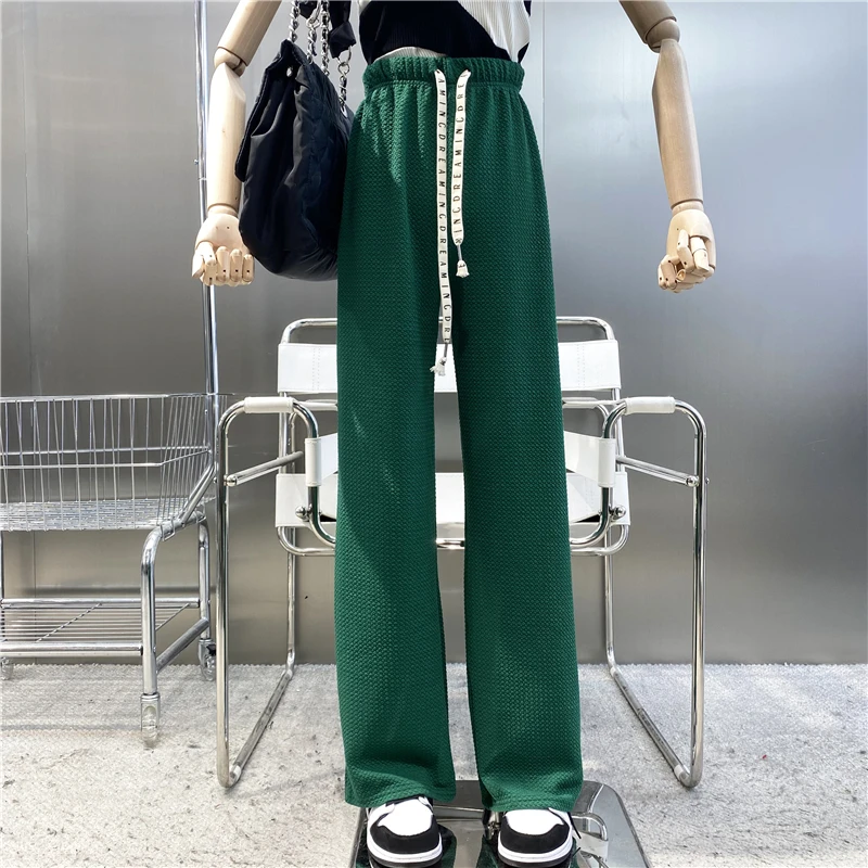 New 2022 Elastic Waist Letter Drawcord Shows Thin Straight Tube Wide Leg Pants Versatile Loose Hanging Casual Sports Trousers