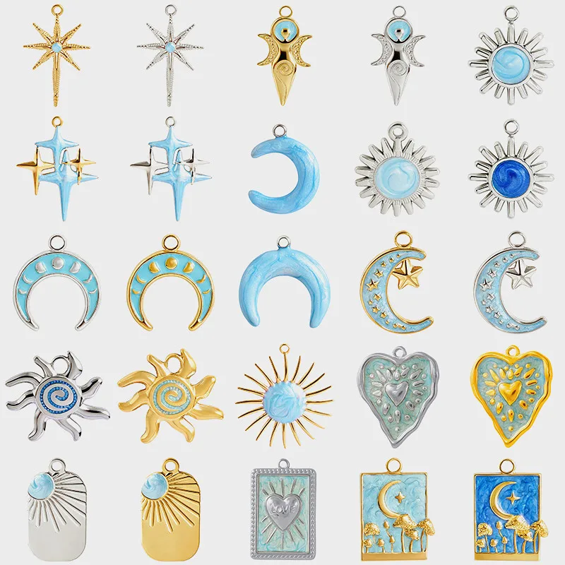 5pcs/Lot Vintage Lunar Phase Moon Sun Charm Hand-Painted Blue Oil Drip Star Pendant Stainless Steel Pendants For Jewelry Making
