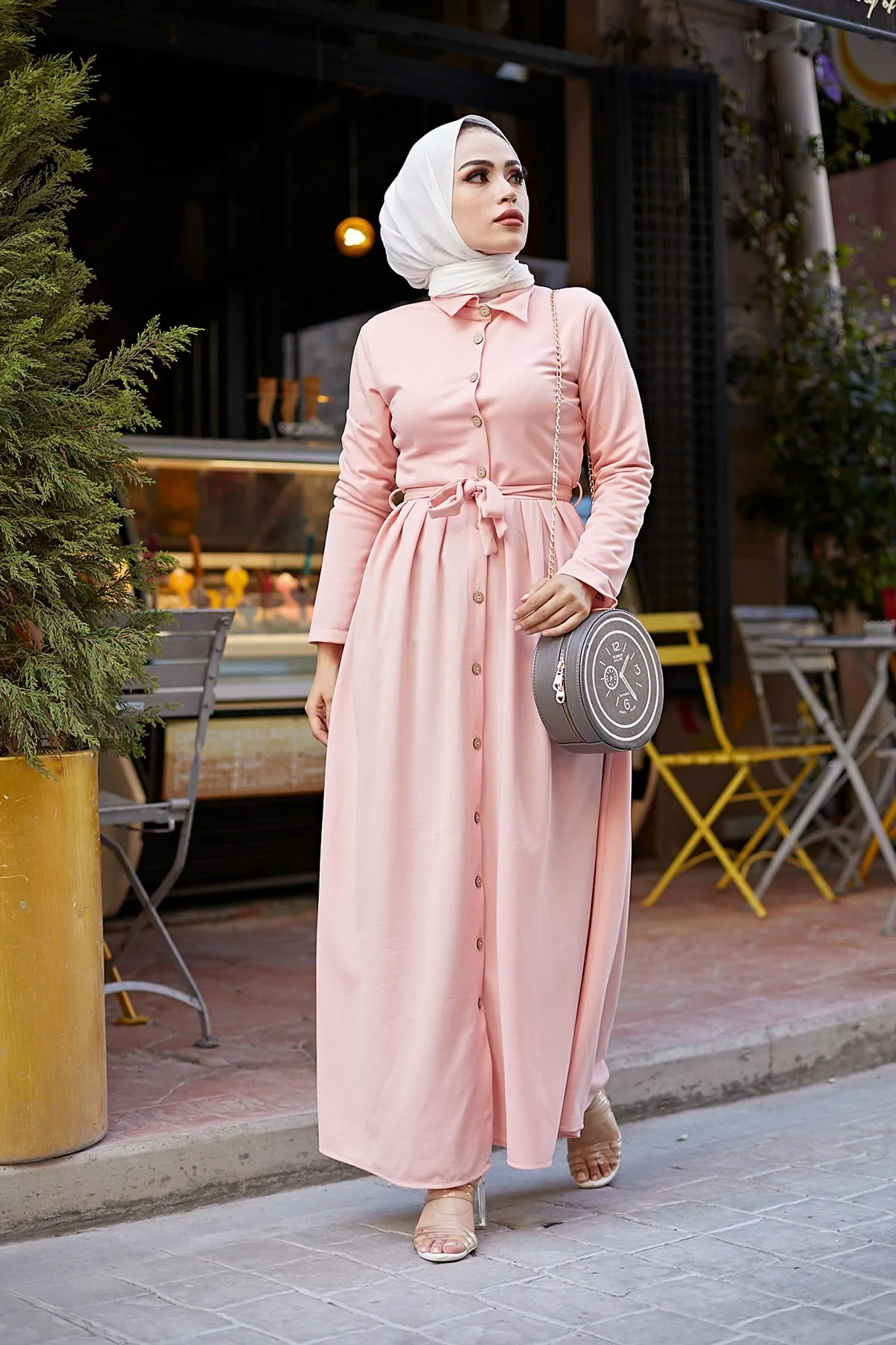 Through-hole Button Dress-Powder Winter Autumn 2021 Muslim Women Hijab headscarf Islamic Turkey