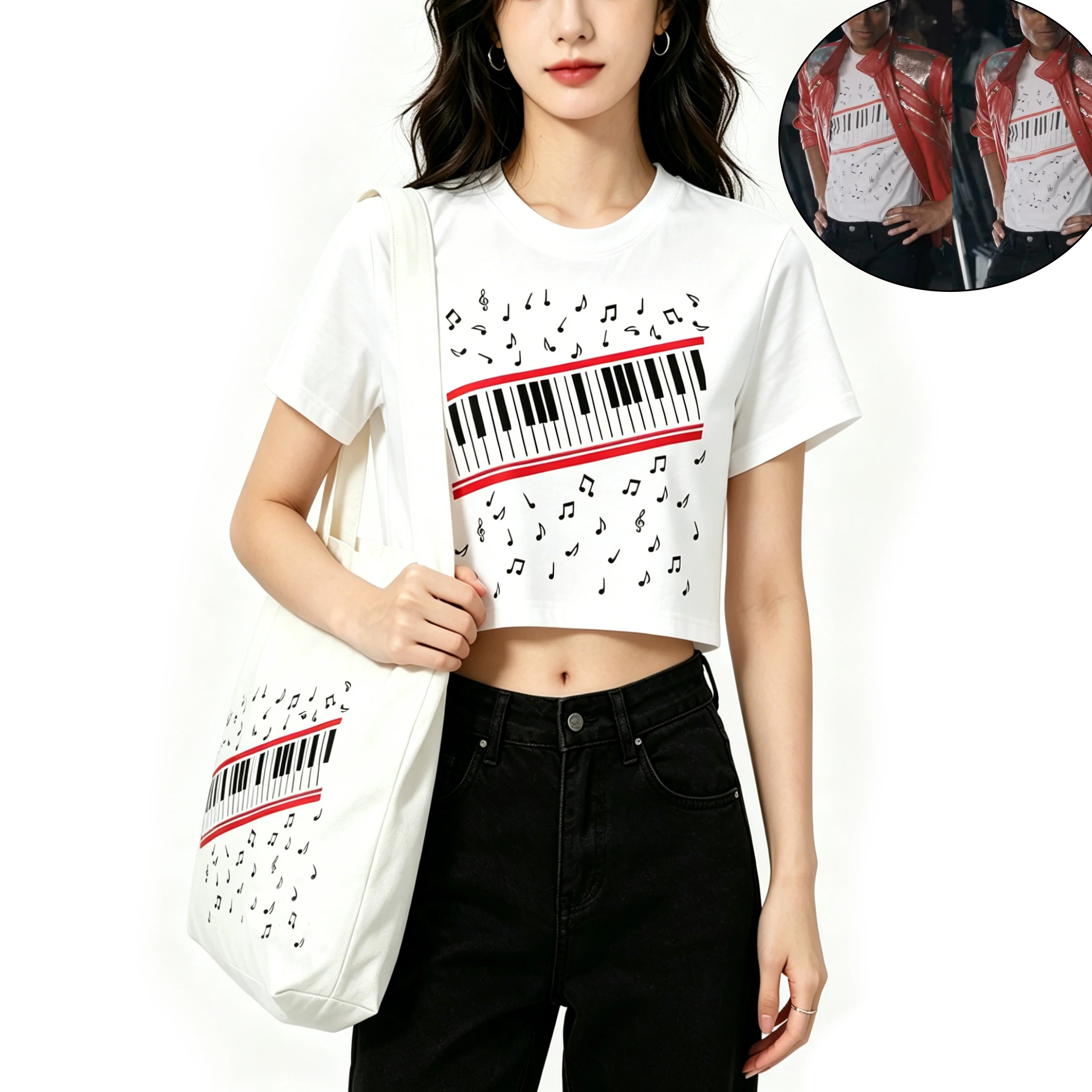 Michael J Beat It Piano Keys Cropped T-shirt Women Casual Short Sleeve Graphic Print Y2K Streetwear Crop Tops