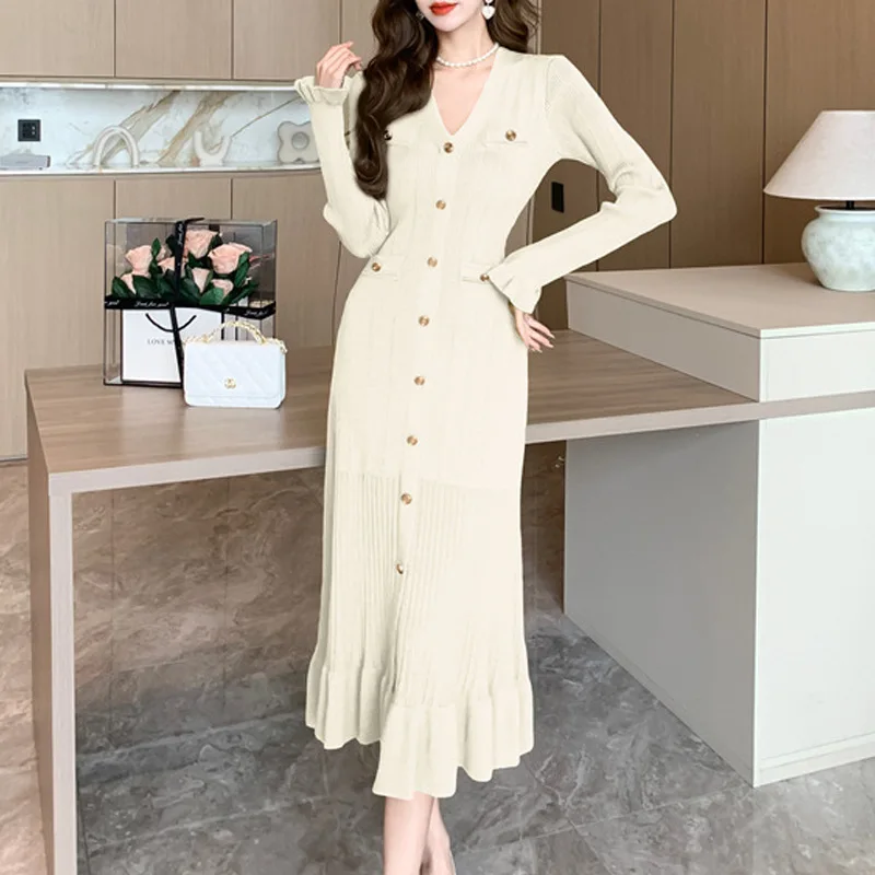 ผู้หญิงฤดูใบไม้ร่วงฤดูหนาวใหม่ภาษาฝรั่งเศสคําอารมณ์ V คอ Ruffle Edge Slim แขนยาว Fish Tail ถักชุด Jumpsuit