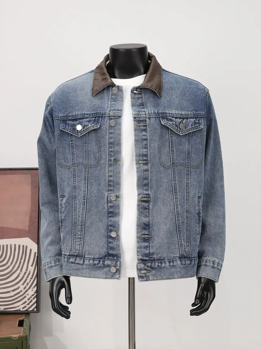 

Retro Waed PU Leather Collared Denim Jaet Loose Motorcycle Outerwear for Men And Women Youth High Street Trend Brand
